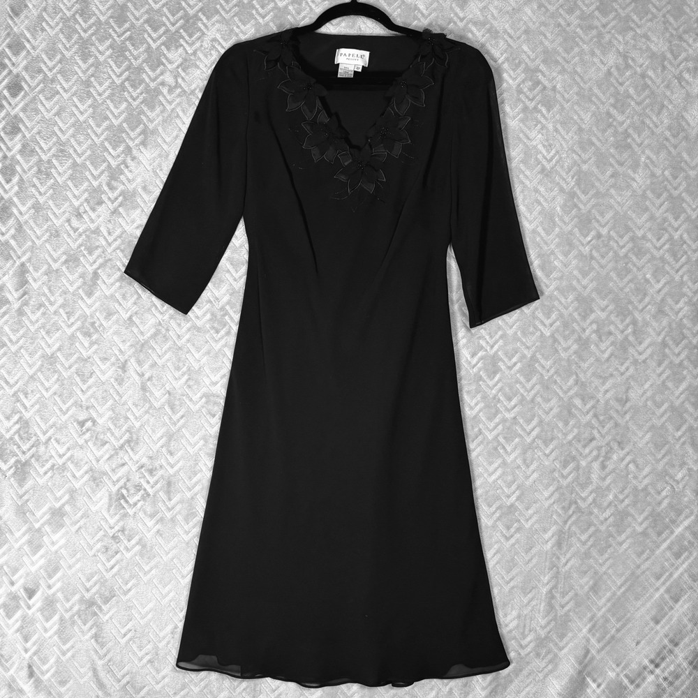 Papell Petites Cocktail Dress Womens 4P Black Beaded Chiffon Midi Floral V Neck